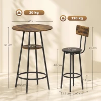 HOMCOM Industrie-Bartisch-Set mit 2 gepolsterten Hockern, Fußstützen, Metallrahmen, Küchentisch mit Ablage, Rustikal Braun(m-3)