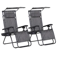 Outsunny 2 Piece Foldable Reclining Garden Chair with Headrest, Zero Gravity Deck Sun Lounger Seat Chair with Footrest, Armrest, Cup Holder & Canopy Shade, Grey(m-1)