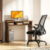 HOMCOM Modern Home Office Furniture Set, Computer Desk with Storage Shelf and Ergonomic Mesh Chair with Flip-Up Armrests, Lumbar Support, Adjustable Height, Rustic Brown and Black(m-10)