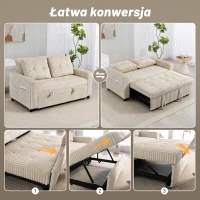 HOMCOM 2-osobowa sofa z funkcją spania, wykończenie kordem, przekształcalna w sofę z funkcją spania, 2 poduszki, uchwyty na kubki, boczne kieszenie, 157 x 190 cm, kremowa(m-4)