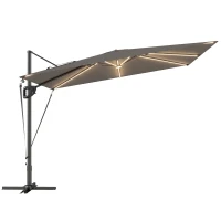 Outsunny 3 x 3 m Garden Cantilever Parasol w/ Light, Cover, UPF50+ Patio Umbrella w/ Wind Protection, 360° Rotation, Dark Grey(m-1)
