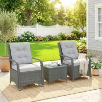 Outsunny 3 Pieces Rattan Bistro Set, Wicker Garden Furniture Set with Metal Frame, Cover, Glass Top Coffee Table, Light Grey(m-2)