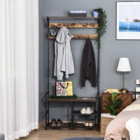 HOMCOM Perchero con Zapatero Perchero de Entrada Recibidor con 3 Estantes 9 Ganchos Patas Ajustables Estilo Industrial para Pasillo Dormitorio 84x34,5x180 cm Color Negro Marrón(m-10)