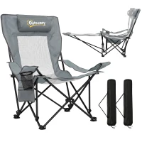 Outsunny Lot de 2 Chaises de Camping Pliante Inclinable 4 Positions, Repose-Pieds Amovible, Porte-Gobelet, 125x80x90cm, Gris(m-16)