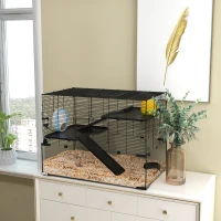 PawHut Cușcă pentru Hamsteri cu 3 Niveluri cu Bază din Sticlă Temperată, Roată și Accesorii, 76,5x48,5x54,5 cm, Negru(m-10)
