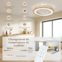 HOMCOM Ventilateur de plafond réversible avec lumière et télécommande 6 vitesses, minuterie, luminosité réglable, bois naturel(m-8)