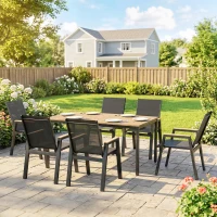 Outsunny Conjunto de Mesa y Sillas Jardín con Mesa con Tablero de Listones y 6 Sillas Transpirables para Terraza Patio Negro(m-10)