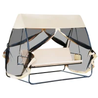 Outsunny Balancelle de Jardin Convertible 3 Places Grand Confort : Matelas Assise Dossier, moustiquaire intégrale zippée avec Toit, Pochette Rangement métal époxy Polyester Beige(m-1)