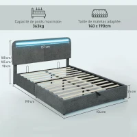 HOMCOM Lit coffre 140 x 190 cm avec éclairage LED, tête de lit réglable, cadre de lit double, sommier à lattes en bois, gris(m-3)