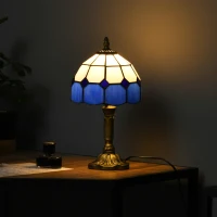 HOMCOM Handmade Stained Glass Table Lamp, Antique Bedside Lamp for Bedroom, Living room, Home, Nightstand, Decorative Night Light, Blue(m-2)