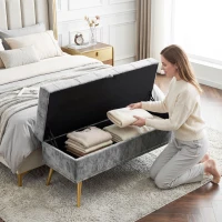HOMCOM Storage Ottoman, Chenille Upholstered Ottoman Storage Box with Padded Seat, Metal Legs, 114 x 41 x 45 cm, Grey(m-8)