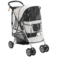 PawHut Pet Stroller for Small Miniature Dogs, Cats, Foldable Travel Carriage with Wheels Zipper Entry, Cup Holder, Storage Basket - Grey(m-1)