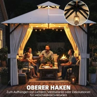 Outsunny Tonnelle de jardin extérieur 3x3m pavillon de jardin, toit double, rideaux, crochets de plafond, cadre en métal, crème(m-8)