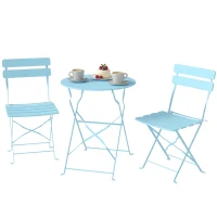 Outsunny 3-teiliges Garten Bistro Set Klappbar Bistrotisch mit 2 Stühlen Lamellen-Sitz Doppelt X-Beine Hellblau(m-11)