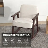 HOMCOM Fotoliu Balansoar din Țesătură cu Efect de In și Lemn, cu Cotiere și Perne, 66x78x76 cm, Bej și Maro(m-4)