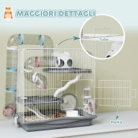 PawHut Gabbia per Criceti a 3 Livelli e 14 Tubi con Casetta, Rampa, e Accessori, in Metallo e Plastica, 45x30x45 cm, Grigio(m-8)