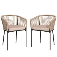 Outsunny Garden Chairs Set of 2, Rattan Garden Dining Chairs with String Back Armrests, Cushions, Natural Wood Finish(m-1)