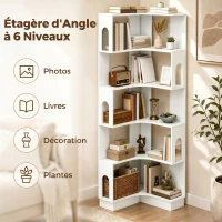 HOMCOM Bibliothèque d'angle, étagère de rangement à 6 niveaux avec panneaux latéraux arqués, 60 x 60 x 165,5 cm, blanc(m-4)