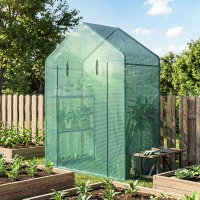 Outsunny Seră de Grădină, Ușă Rulantă, Rafturi 2 Etaje, Structură Oțel, Acoperire PE, 143x73x195 cm, Verde(m-13)