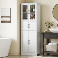 HOMCOM Meuble de salle de bain, meuble de rangement 6 niveaux, 6 portes dont 2 vitrées, étagères réglables, 60x30x170cm, blanc(m-11)