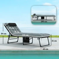Outsunny Lot de 2 bains de soleil, chaise longue pliante et inclinable, coussin, appui-tête, poche latérale, 60x190x31cm, gris(m-3)