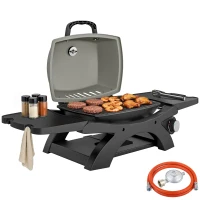 Outsunny Gasgrill 3,3 KW Tischgrill mit 1 Brenner klappbar Seitentischen Gusseisen Grillroste herausnehmbar Fettauffangschale(m-12)