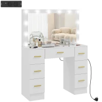 HOMCOM Schminktisch mit Spiegel und 12 LED-Lichtern, Frisiertisch mit 7 Schubladen, 6 versteckte Staufächer, Spanplatte, Weiß(m-1)