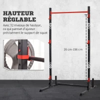 HOMCOM Squat Rack Réglable 32 Niveaux en Acier, Crochet, Barre de Traction, Base Antidérapante, 117,5x122x226cm, Noir(m-5)