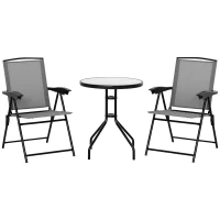 Outsunny 3 Piece Outdoor Bistro Set, Patio Conversation Furniture Set with 2 Folding Backrest Adjustable Armchairs and Glass Top Coffee Table, Grey(m-1)