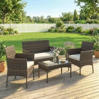 Outsunny 4 Piece Rattan Garden Furniture Sofa Set with Loveseat, Armchairs, Glass-Top Coffee Table and Cushions, Brown(m-14)