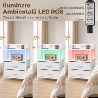 HOMCOM Set de 2 Noptiere Con Lumini Led E Stație de Încărcare, Alb(m-5)