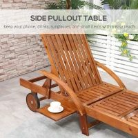 Outsunny Folding Wooden Sun Lounger, 4-Level Adjustable Garden Lounger Recliner with Side Tray and Wheels, Outdoor Reclining Sunbed with Slatted Seat and Armrests for Patio, Terrace, Teak(m-6)