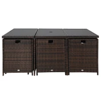 Outsunny 10 Seater Rattan Cube Garden Furniture Set with Parasol Hole, Rattan Dining Set with Cushions, Outdoor Dining Table and Chairs with Rectangular Glass Top Table for Patio, Mixed Brown(m-8)