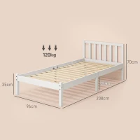 HOMCOM Estrutura de Cama de Solteiro, Cabeceira & Estrado, 26cm de espaço sob a cama, Pinho, 208x96x70 cm, Branco(m-3)