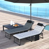 Outsunny Lot de 2 bains de soleil, chaise longue pliante et inclinable, coussin, appui-tête, poche latérale, 60x190x31cm, gris(m-2)