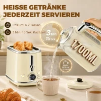 HOMCOM Waterkoker- en toasterset met LED-display, 1,7-l waterkoker met 3 uur warmhoudfunctie, Creme(m-4)