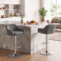 HOMCOM Conjunto 2 Banquetas de Bar Giratórias em Veludo com Altura Ajustável, Apoio para os Pés, Encosto, Base em Metal, Cinzento(m-5)