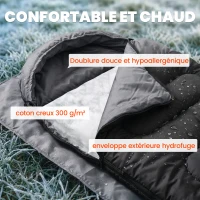 Outsunny Sac de Couchage Adulte, avec Section Tête, Fermeture Éclair et Sac de Rangement, 300 g/m², 215x75x10cm, Noir(m-4)