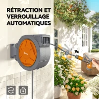 Outsunny Enrouleur Tuyau Arrosage Mural 30 m x Ø 15 mm Dévidoir Automatique de Tuyaux d'Eau Rétractable Automatique orange(m-6)