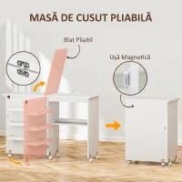 HOMCOM Dulap Pliabil pentru Mașină de Cusut cu Blat Mare și Roți, Alb(m-4)