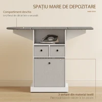 HOMCOM Mobilier pliabil pentru călcat pe roți, cu raft deschis și 3 sertare, 121x37x89,5 cm, alb și gri(m-6)