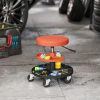 HOMCOM Taburet de Atelier cu Roți Ø6 cm, Capacitate până la 135 kg, Înălțime Reglabilă 40-51 cm, cu Tăvi pentru Unelte, Portocaliu(m-2)
