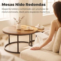 HOMCOM Set de 2 Mesas de Centro Redondas Mesas Nido Industriales con Estructura Metálica para Salón o Dormitorio Marrón(m-4)