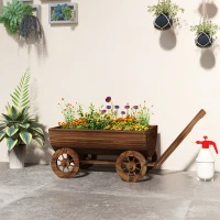 Outsunny Carrito de Madera con 4 Ruedas y Mango Jardinera Exterior con Orificio de Drenaje 115x40x54,5 cm Carbonizado(m-10)