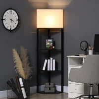 HOMCOM Stehleuchte, dreieckiges Design, 3 Regale, Stoff-Lampenschirm, 50x37x159 cm, Schwarz+Weiß(m-2)