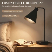 HOMCOM Set de 2 Lămpi de Masă Moderne din Oțel cu Porturi USB, E27, Becurile Nu Sunt Incluse, Negru(m-6)