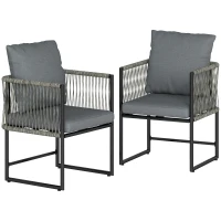 Outsunny Gartenstuhl 2er Set wetterfest Gartenstühle aus Stahl PE-Rattan mit Kissen Armlehne Rückenlehne 52x52x66 cm Dunkelgrau(m-12)