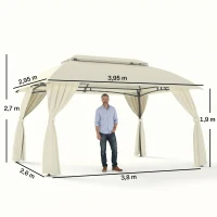 Outsunny Cenador de Jardín 4x3 m Pabellón de Exterior con Doble Techo 4 Cortinas Laterales 4 Mosquiteras con Cremalleras y Marco de Acero Gazebo para Fiestas Eventos Beige(m-3)