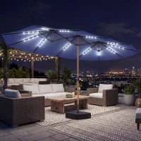Outsunny Double Sided Garden Parasol with Base Included & 48 Solar LED Lights Patio Umbrella Crank Handle 4.6m Dark Blue(m-10)