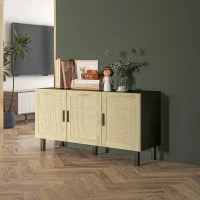 HOMCOM Móvel de arrumação com armários de portas efeito cannage, prateleiras ajustáveis, 136 x 41 x 70 cm, preto e madeira natural(m-5)